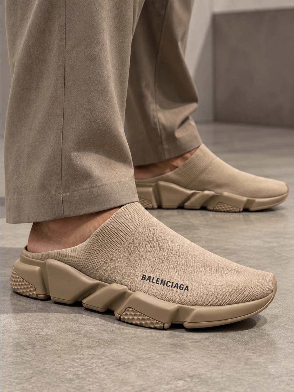 BALENCIAGA Men's Slip-On Knit Sneakers in Beige NEW